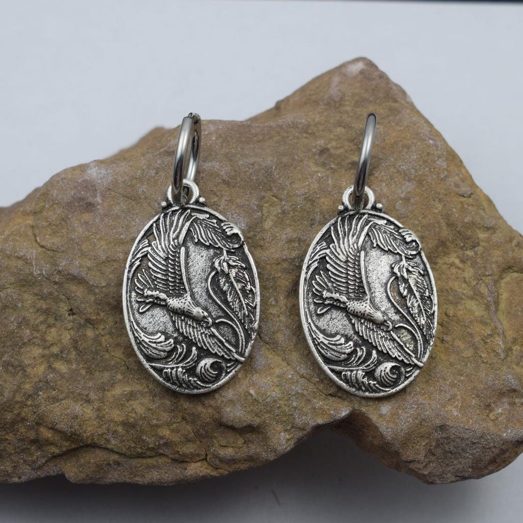 Norse Viking Wiccan Moon Phase Raven Earrings Stainless Steel Hook Handmade Jewelry