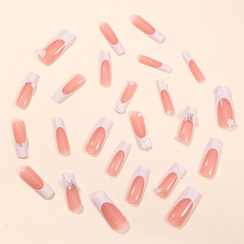 European-American Style French Edge Press-On Nails with Pearls, Butterflies, and Floral Designs