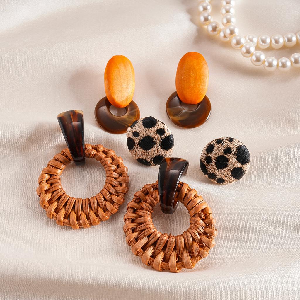 Six-piece Resin Wood Leather Round Silver Needle Earrings Bohemian Holiday Earrings