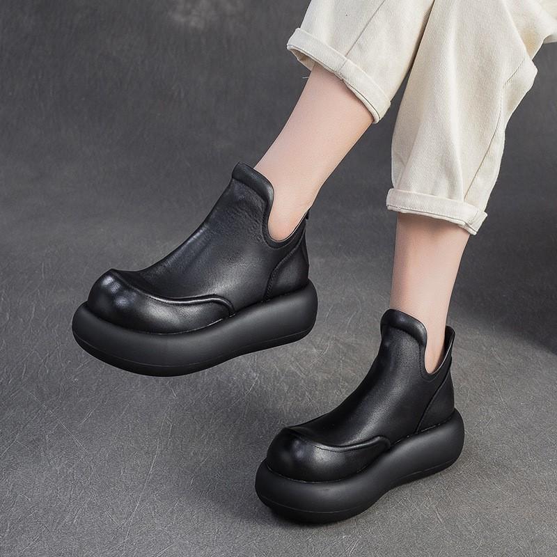 Fashion GKTINOO 2025 Autumn New Genuine Leather Thick Soled Ankle Boots Retro Round Toe Height Increasing Women's Platform Shoes
