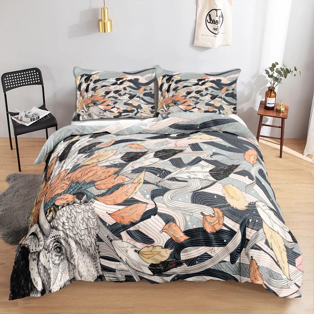 3D Feather King Queen Duvet Cover Blue Bohemian Bird Feather Full Twin Bedding Set Peacock Feather 2/3pcs Polyester Quilt Cover