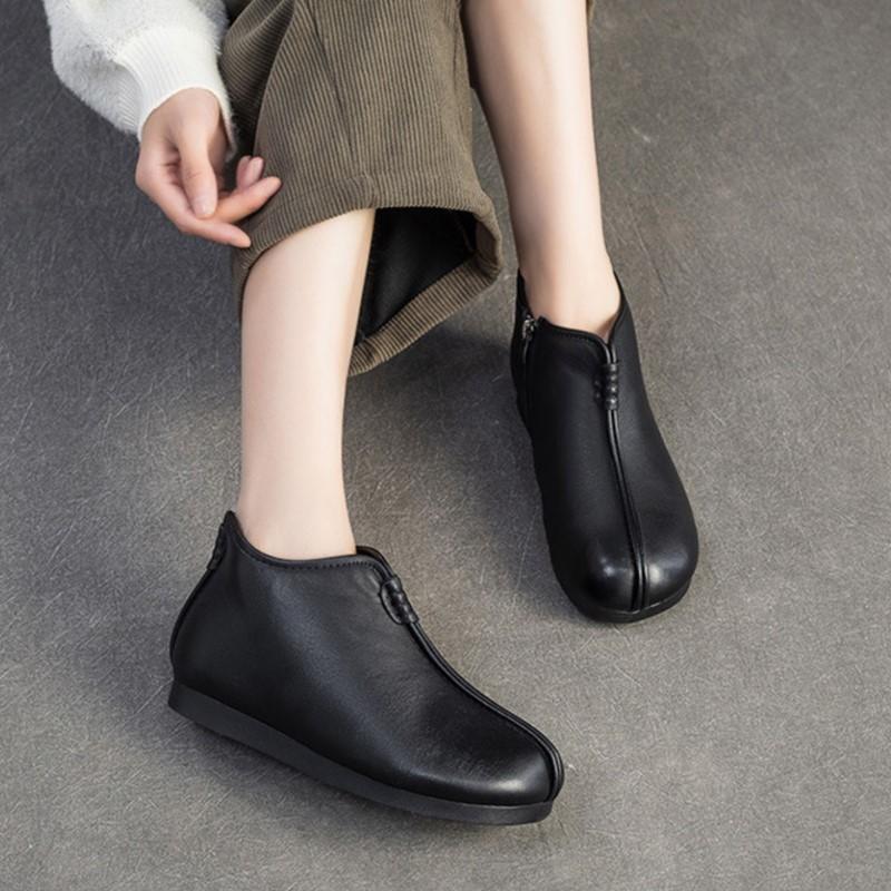 Johnature Genuine Leather Plush Warm Cotton Shoes Round Toe Flat Ankle Boots Commuting Women's Shoes