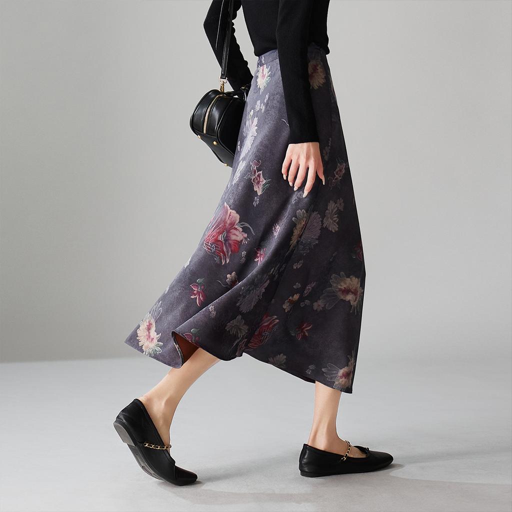National style printed high waisted A-line umbrella skirt 2026 spring fashion versatile mid length skirt