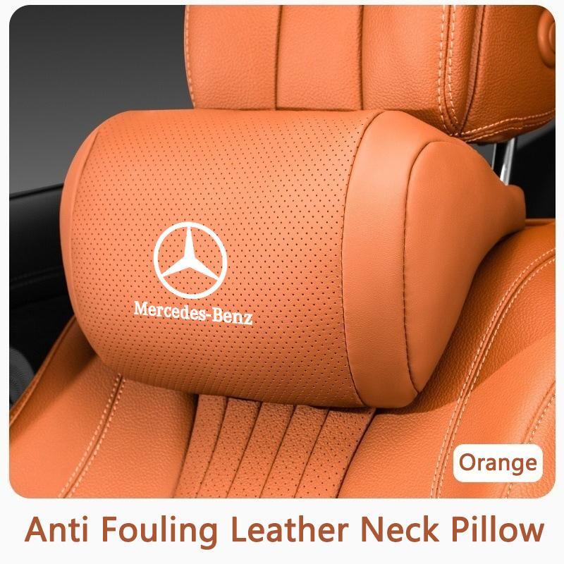 PZQ2 Napa Leather Car Headrest Auto Logo Seat Neck Pillow Head Support Breathable For Mercedes Benz AMG W205 W168 W213 W210 W222 CLK