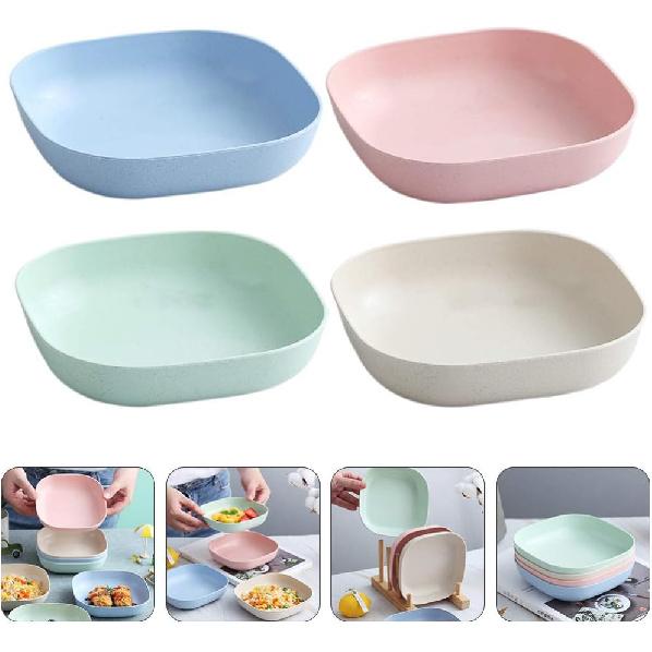 Square Cereal Bowls Set of 4, Plastic Small Bowls for Kitchen, 6 Inch Shallow Serving Bowls for Soup Salad Oatmeal Snack Dessert Ice Cream