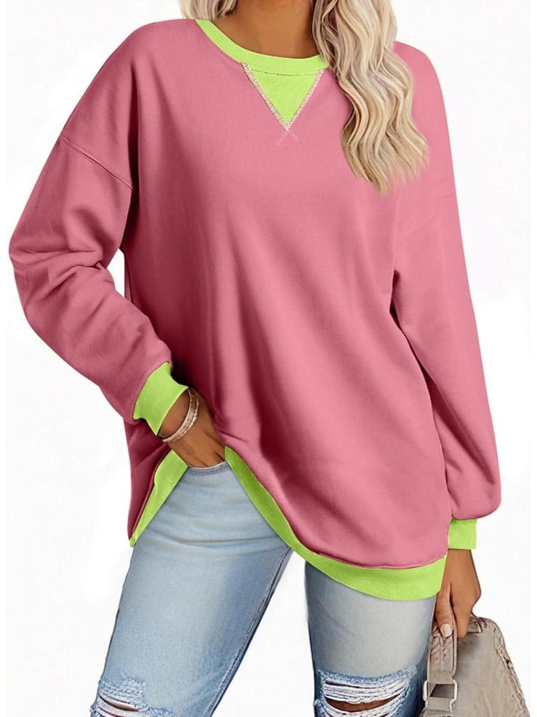 2025 Spring European American Style Color Block Long Sleeve Pullover Hoodie with Embroidered Collar