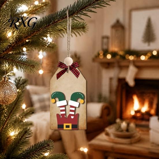 Natural Pine Wood Decor Christmas Wooden Hanging Ornaments, 2D Snowman Reindeer Clown Figure Rustic Party Supplies Pendant Decorations, Farmhouse