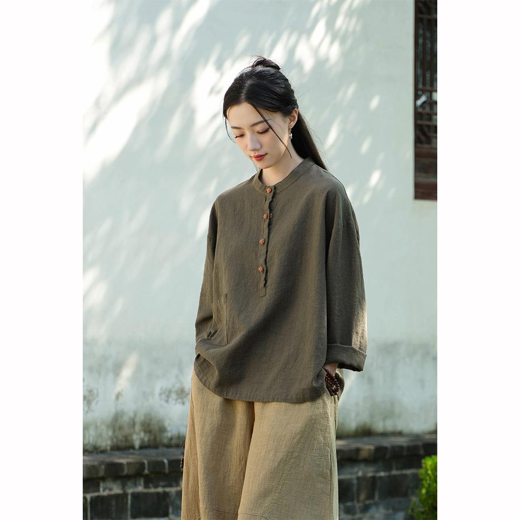Cotton Linen Women's Chinese Style Stand Up Collar Button Long Sleeved Women's Shirt T-shirt