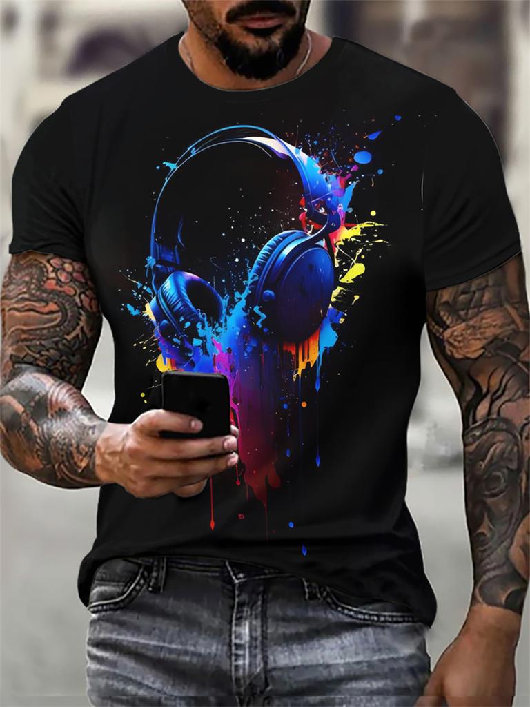 Herren 3D Batik bedrucktes T-Shirt, Rundhals Kurzarm Hip-Hop T-Shirt, lockeres Freizeit-Oberteil, groß 6XL