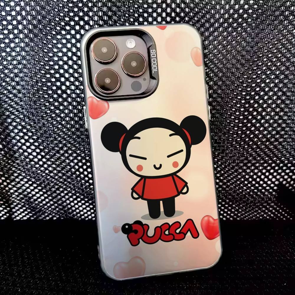 Pucca Cute Love Phone Case For iPhone 16,15,14,13,12,11,8,7,Pro,Max,Plus,Mini,XS,SE Anti Fall Black Matte Hard