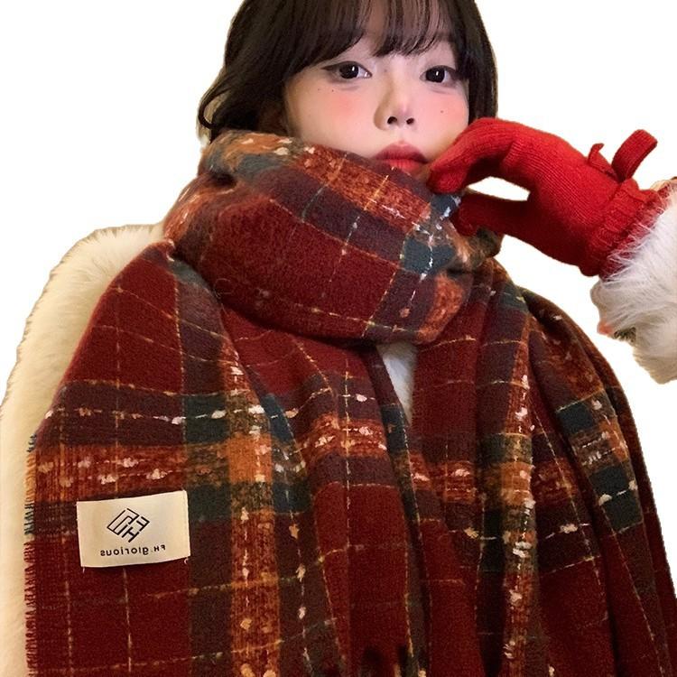 Red Plaid Fringed Scarf Women's Winter Korean Atmosphere Thickened and Kept Warm New Year's Christmas Scarf Student Shawl