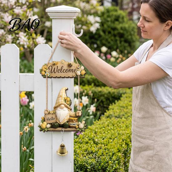 Outdoor Courtyard Decoration Wooden Gnome Door Hanger with Bell, Country Garden Welcome Sign Front Porch Hanging Swing Wall Plaque, Farmhouse Ornament