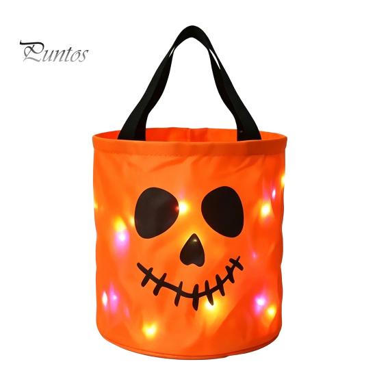 Stabiler Griff Süßigkeitenaufbewahrung Halloween Leuchtender Kürbisbeutel LED Leuchtend Süßes oder Saures Eimer Stoff Geschenkverpackung für Kinder Wiederverwendbar Wasserdicht Oxford