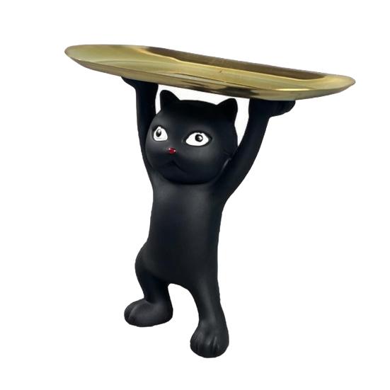 Cartoon Cat Key Storage Tray Resin Standing Cat Figurine Statue with Tray Multi-purpose Jewelry Trinket Holder Organizer Decoration