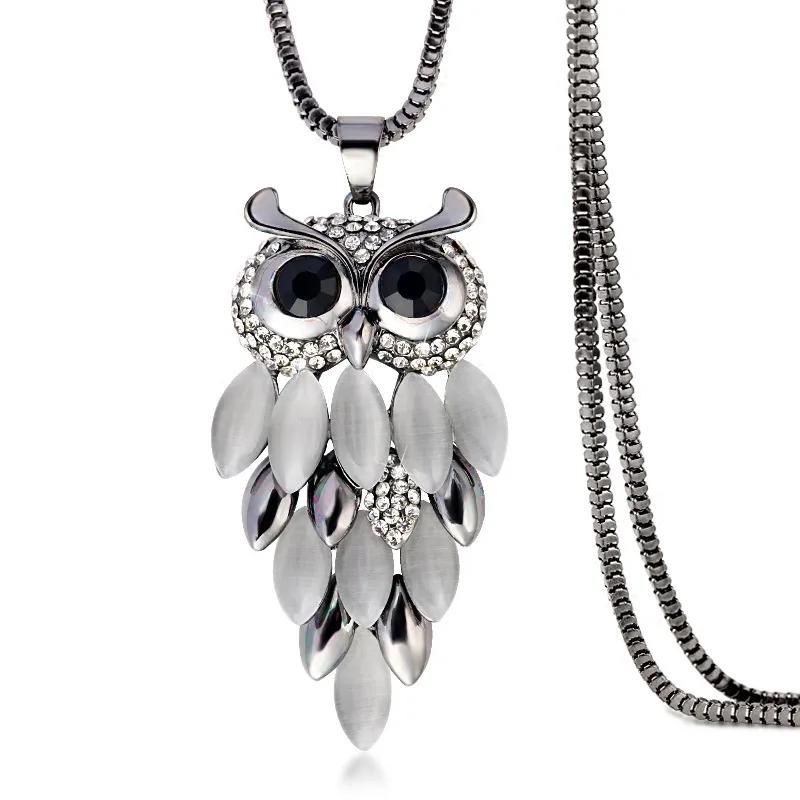 Fashion Crystal Opal Owl Long Necklace for Women New Statement Sweater Chain Necklaces