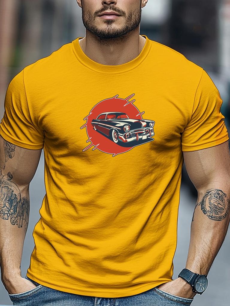 Mens Summer Retro TShirt Vintage Car Red Sun Print Short Sleeve Round Neck Breathable Oversized Classic Daily Wear