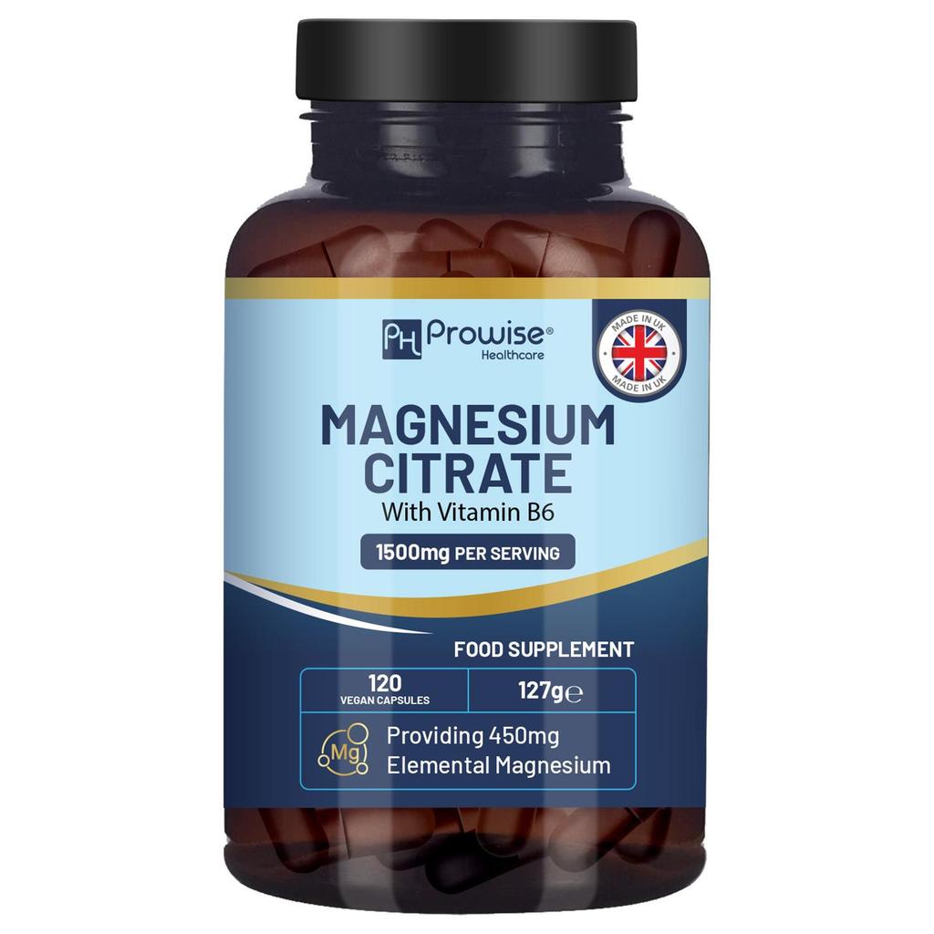Magnesium Citrate Capsules 1500mg with Vitamin B6 | 120 Vegan Tablets | 450mg Elemental Mg