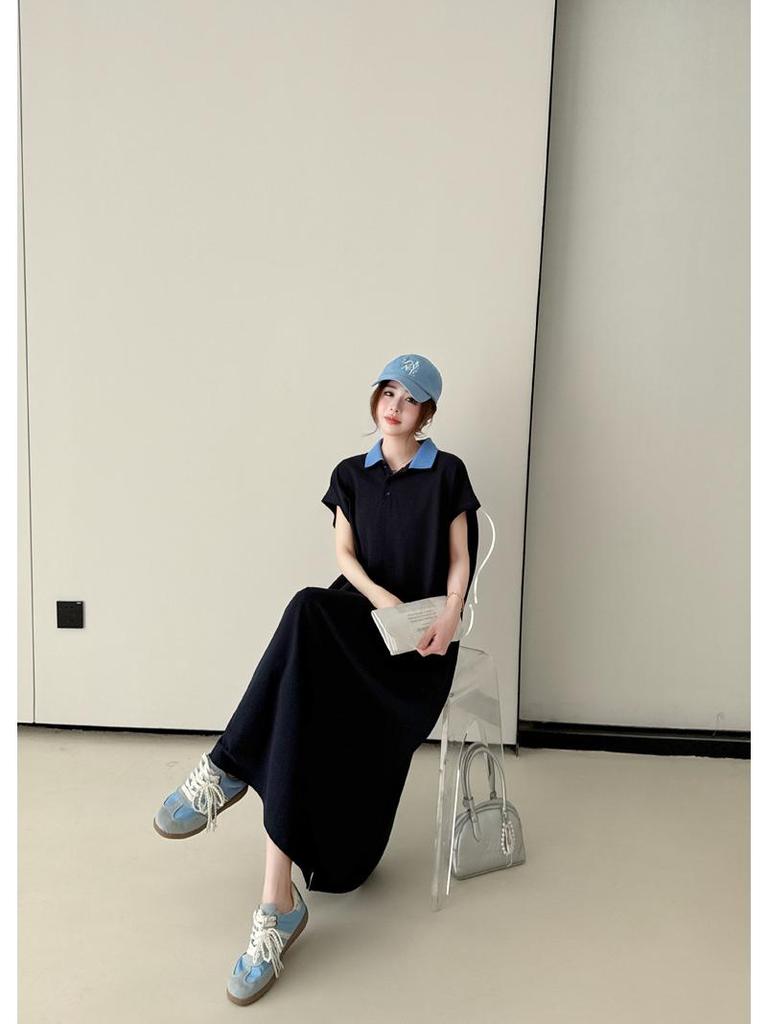 Summer Loose Cotton Polo Collar Dress - Elegant Casual Long Skirt