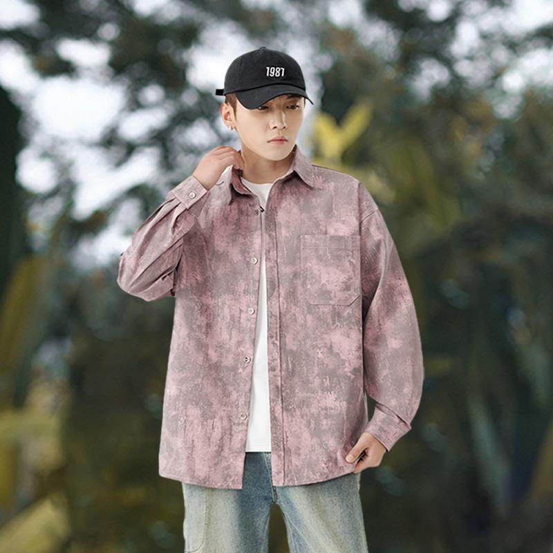 

Men s Gray Marble Print Oversized Shirt Long Sleeve Button Down Pocket Casual Loose Daily Streetwear Top L червоний