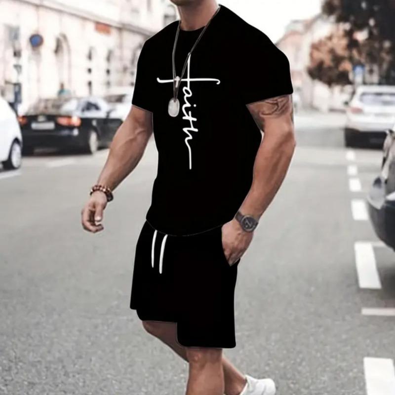 Gradient Men's Suit Casual New Short Sleeve With Shorts 3d Letter Faith Printed T-Shirt And Drawstring  Shorts 2-Piece Sets