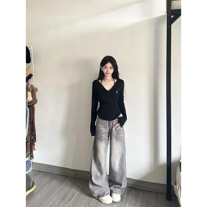 

Sweet Sexy V-neck Knitting Tight Waist Bottoming Tops T-Shirt Black S