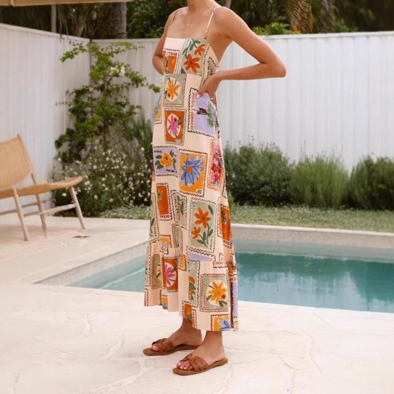 Damen Sommer Casual Boho Langes Sommerkleid Spaghettiträger Quadratischer Ausschnitt Ärmellos Fließendes Maxikleid A-Linie Strandkleid für Damen
