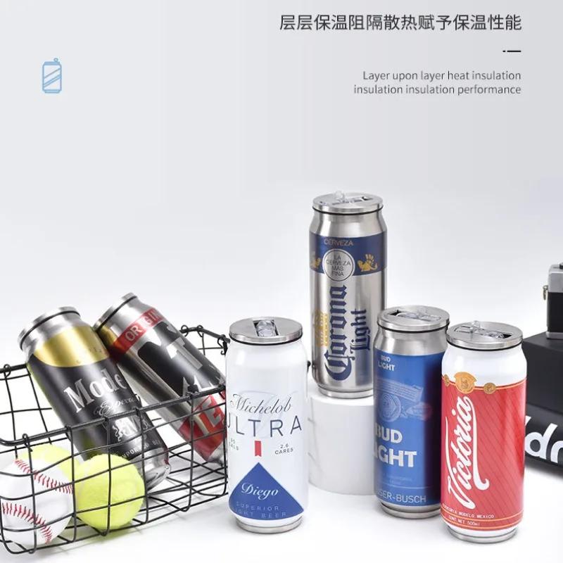 Stainless Steel Cup Creative Beer Can Insulated Cup Vacuum Cups with Straw Cold Keeper Cola Cans Insulated Bottle