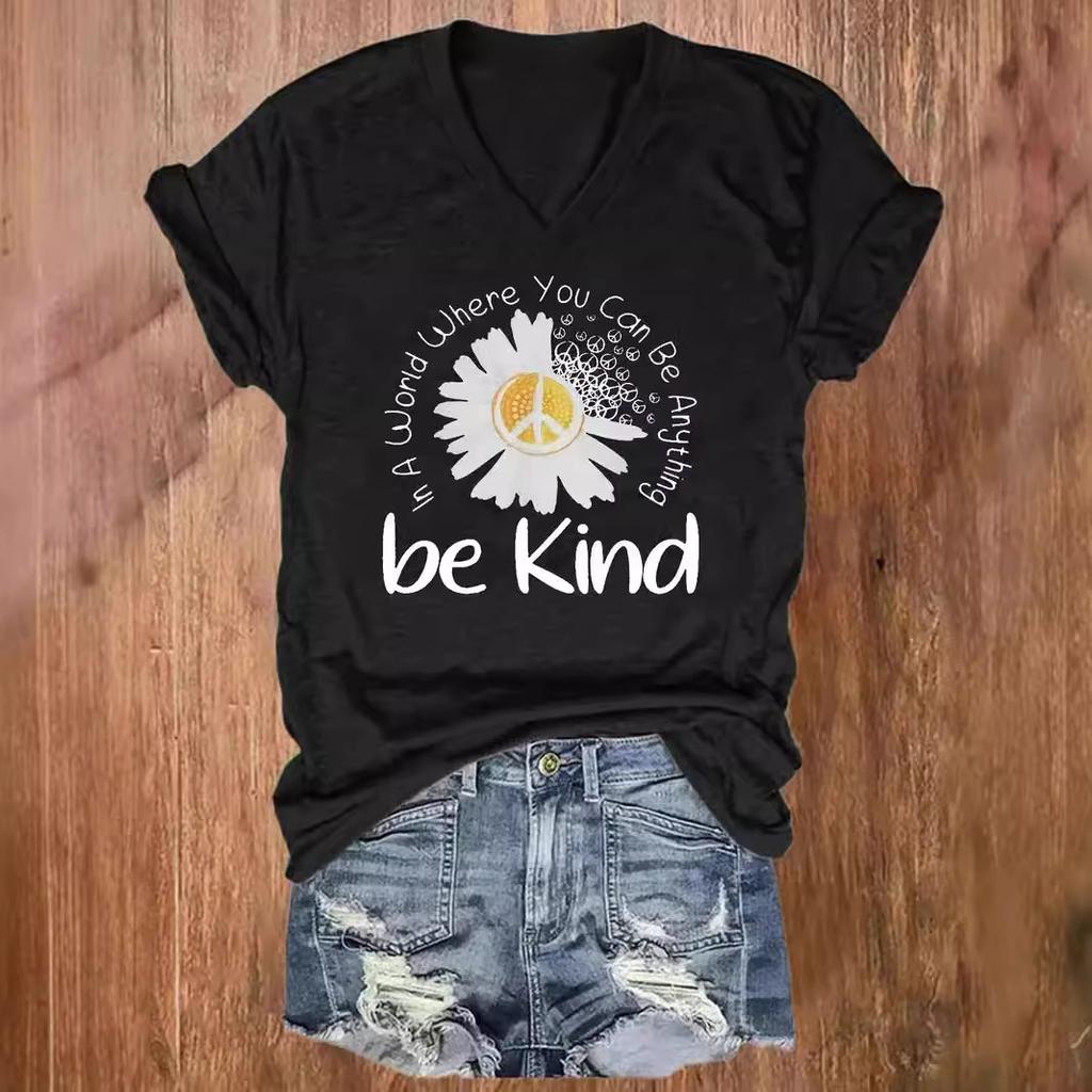 Summer V-neck 3D Flower Pattern Printed Top Fashionable Casual Short Sleeved Women's T-shirts