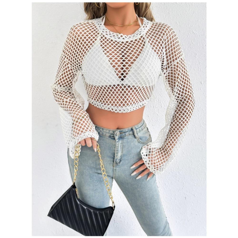New Casual Perspective Sweater Flared Sleeves Loose Round Neck Hollow Navel Sweater for Women