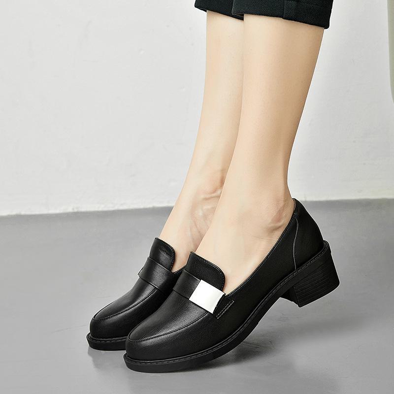 Mocassins femininos de couro preto - estilo britânico 2022, sola macia, salto grosso, além de veludo, perfeitos para primavera e outono.