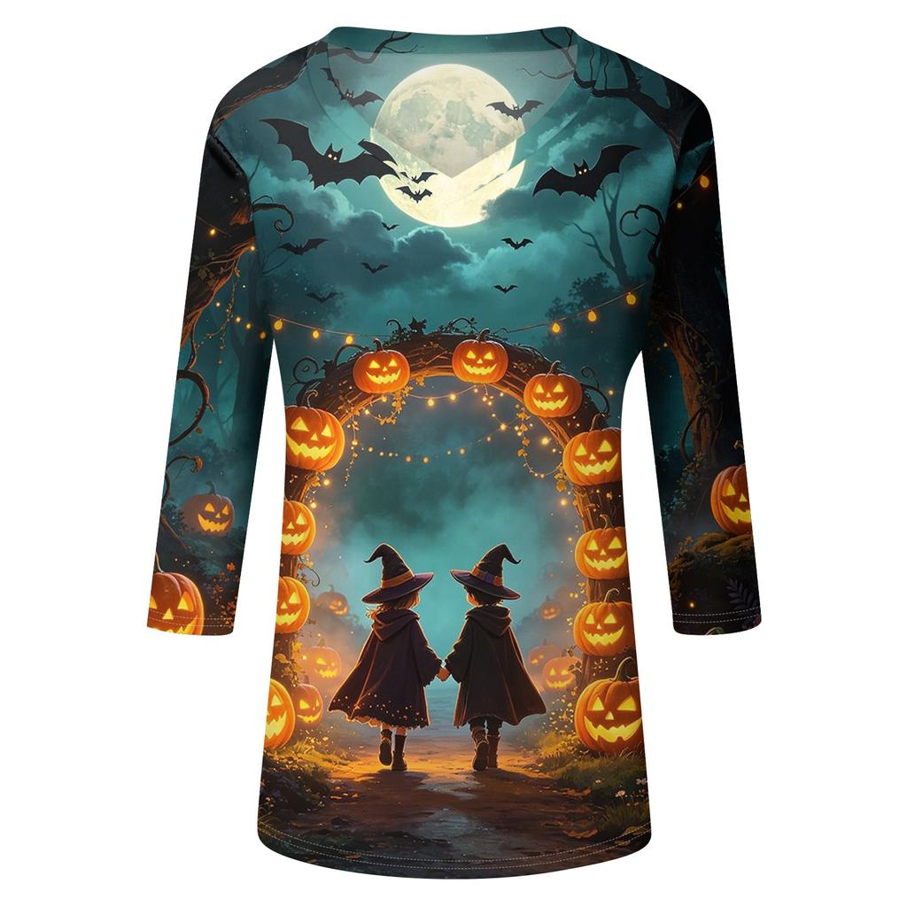 Women's Casual Halloween Printed V Neck Three Quarter Sleeve Top Tie Dye Pumpkin Bat Pattern Lightweight Blouse for Fall