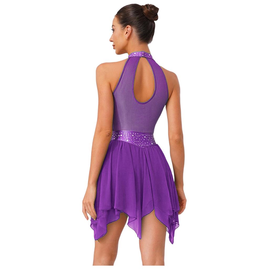 Womens Lyrical Dance Dress Ruched Metallic Mesh Rhinestone Detail Irregular Hem Sleeveless Backless Built In Briefs Leotard
