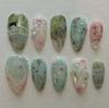 24Pcs Short Round Head Almond Fake Nails with Flowers Grass Pattern Wearable False Nails Tips Summer Full Cover Press On Nails