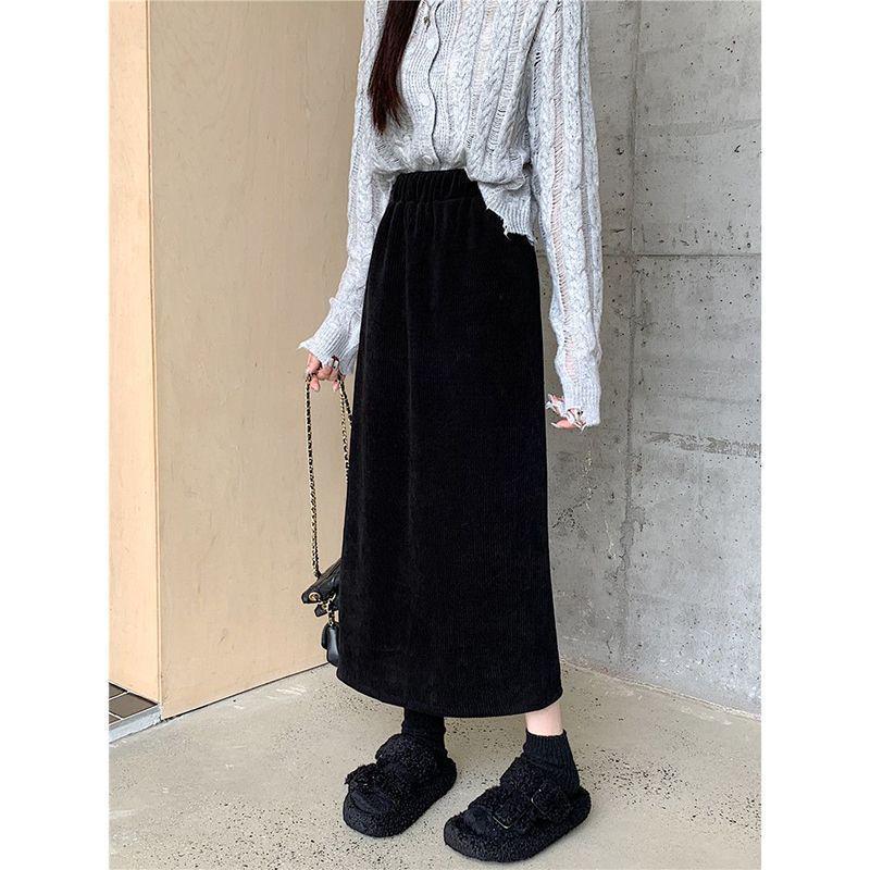 Women's Corduroy High-Waist Straight Midi Skirt - Celebrity Style Autumn/Winter Slim Fit