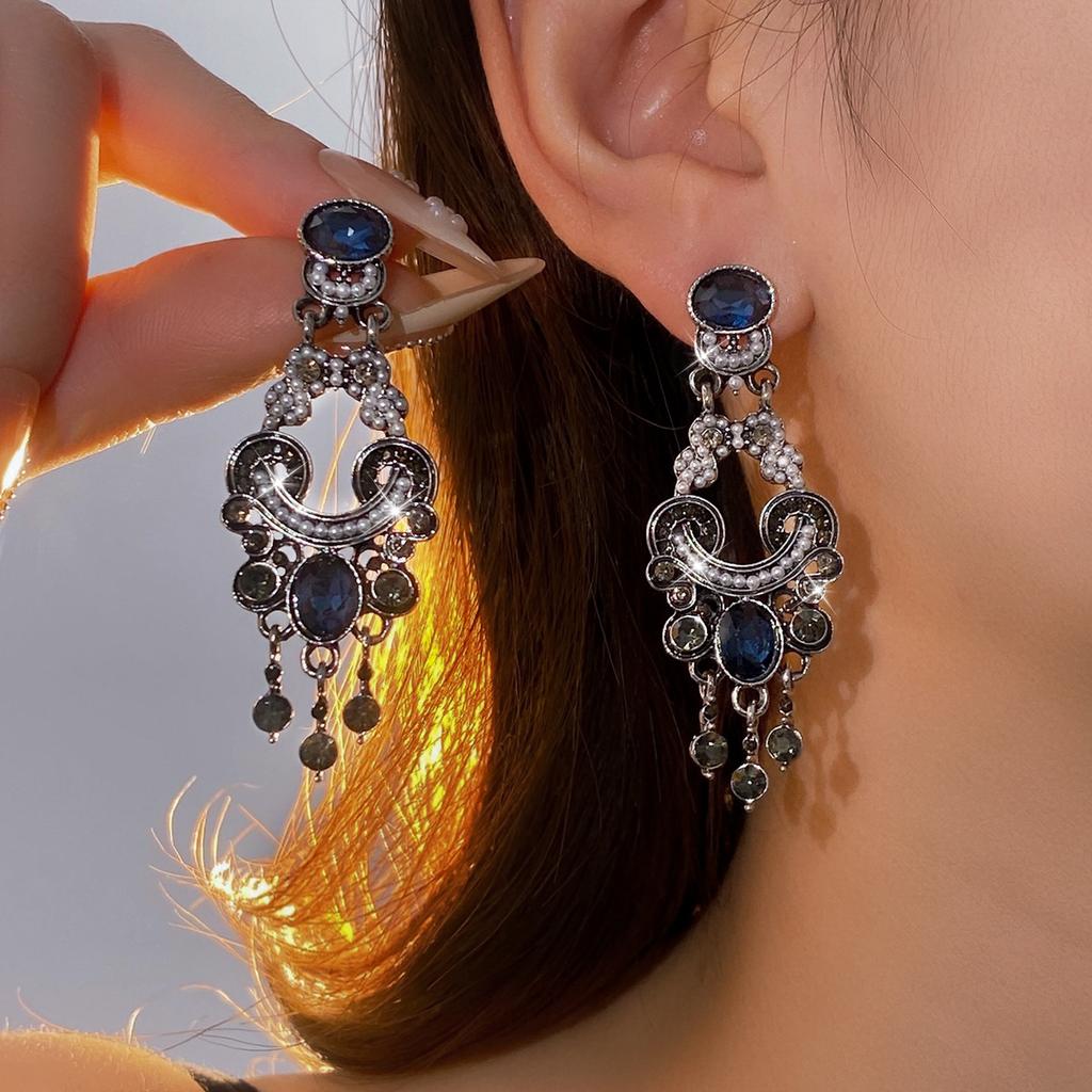 Silver Needle Ethnic Style Diamond-set Pearl Fringed Earrings Retro Ethnic Style Stud Earrings Women's Earrings Design Sense Niche