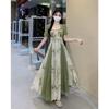 New Chinese Style Improved Splicing Printed Niche Slim Square Neck Strap Long Dress