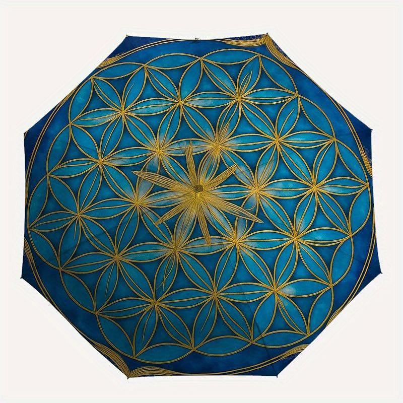 Blå Livets Blomma Mandala Väggkonst DekorationParaply med Söt Design, Bärbart 3-fällbart Kompakt Paraply för Män & Kvinnor, Alla hjärtans dag Mors dag Ha