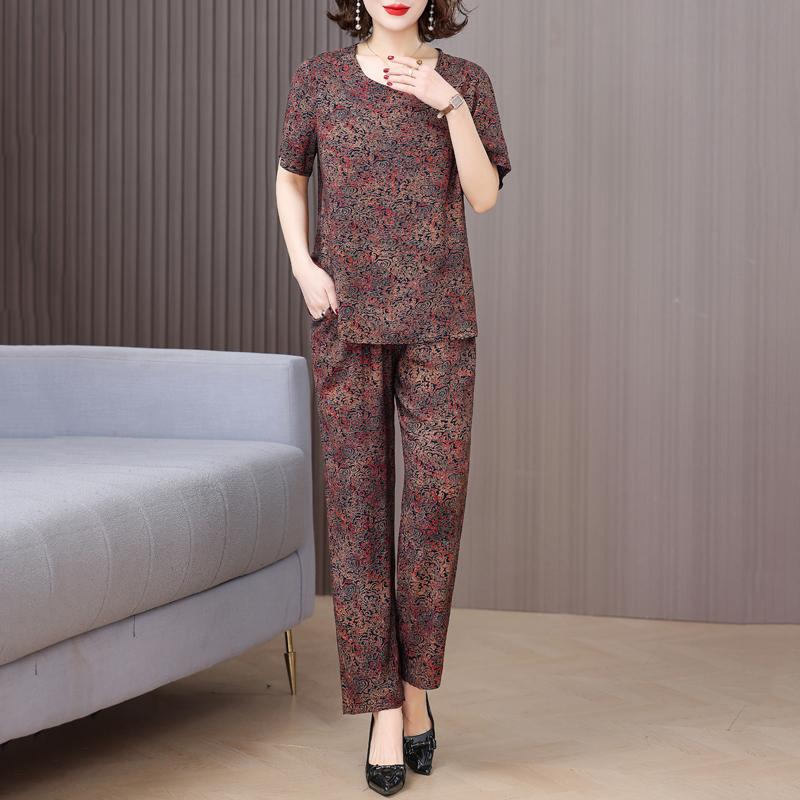Plus Size Elegant 2 Piece Sets Womens Outfits Summer Vintage Print Wide Legs Trouser Sets