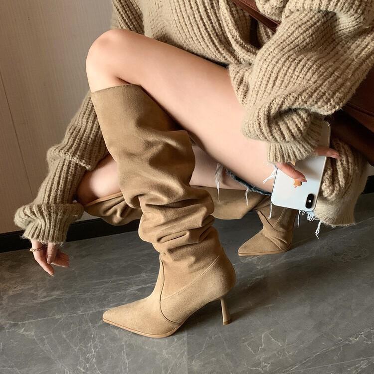 

Pleated Faux Suede Knee-High Long Boots Women Pointed Toe High-heeled Thin Heels Western Cowboy Boots Apricot Black Women Shoes 35 абрикосовий