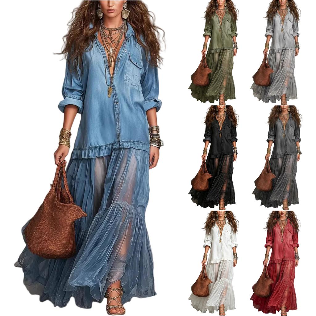 Women's Retro Faux Denim Long Sleeve Midi Dress with Pockets – Color Lapel Collar for Casual Everyday Wear