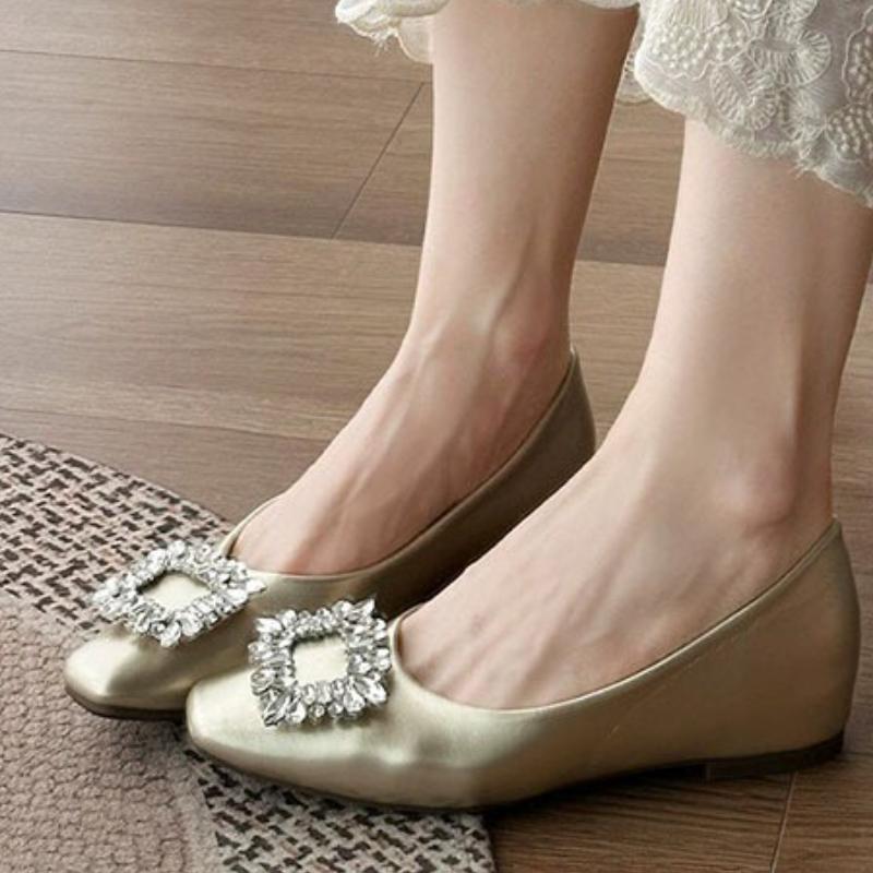 Women's Thick Heel Shoes Spring New Square Head Shallow Mouth Splicing A Word Buckle Waterproof Non-slip Low-top Shoes