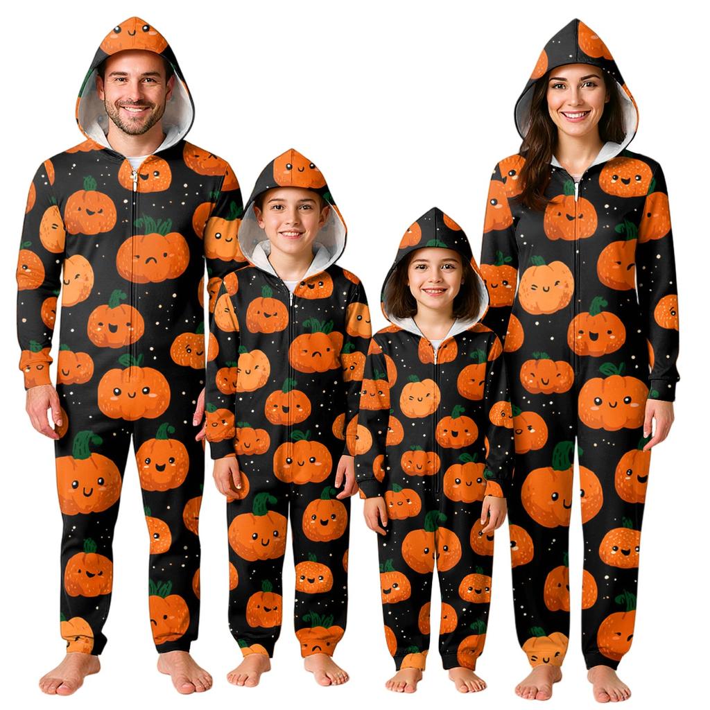 Halloween Print Family Matching Hooded Long Sleeved Zippered Jumpsuit Set