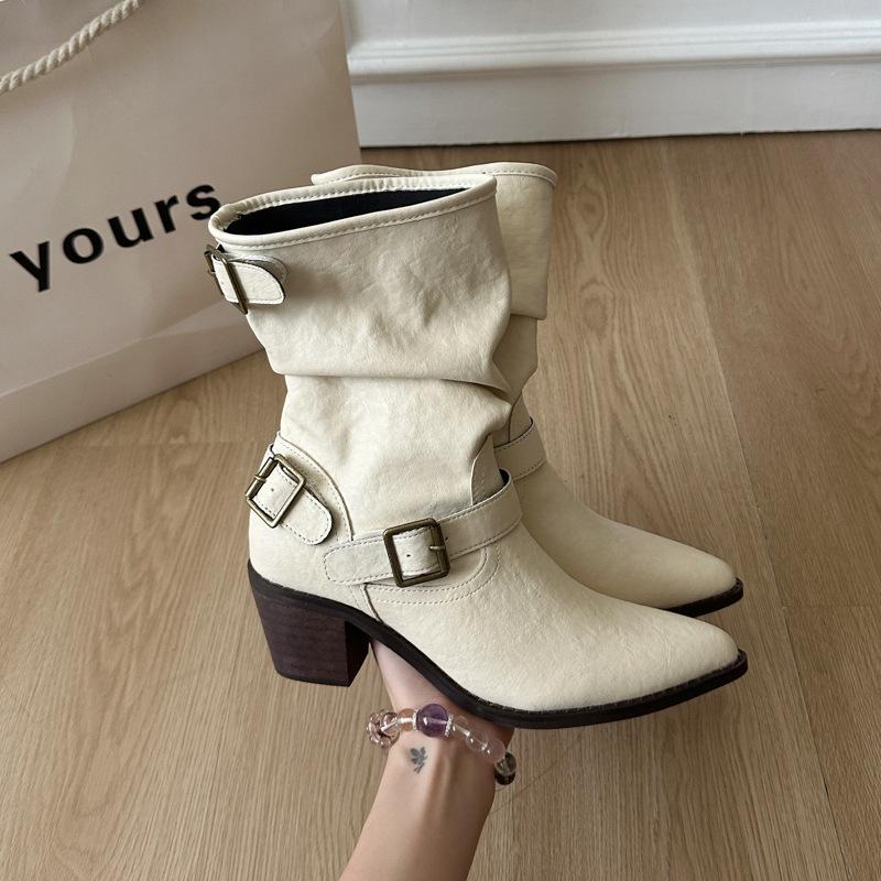 Pointed Short Boots Skinny Cowboy Boots Martin Boots Women's Western White Coarse Heel Short Tube Rice