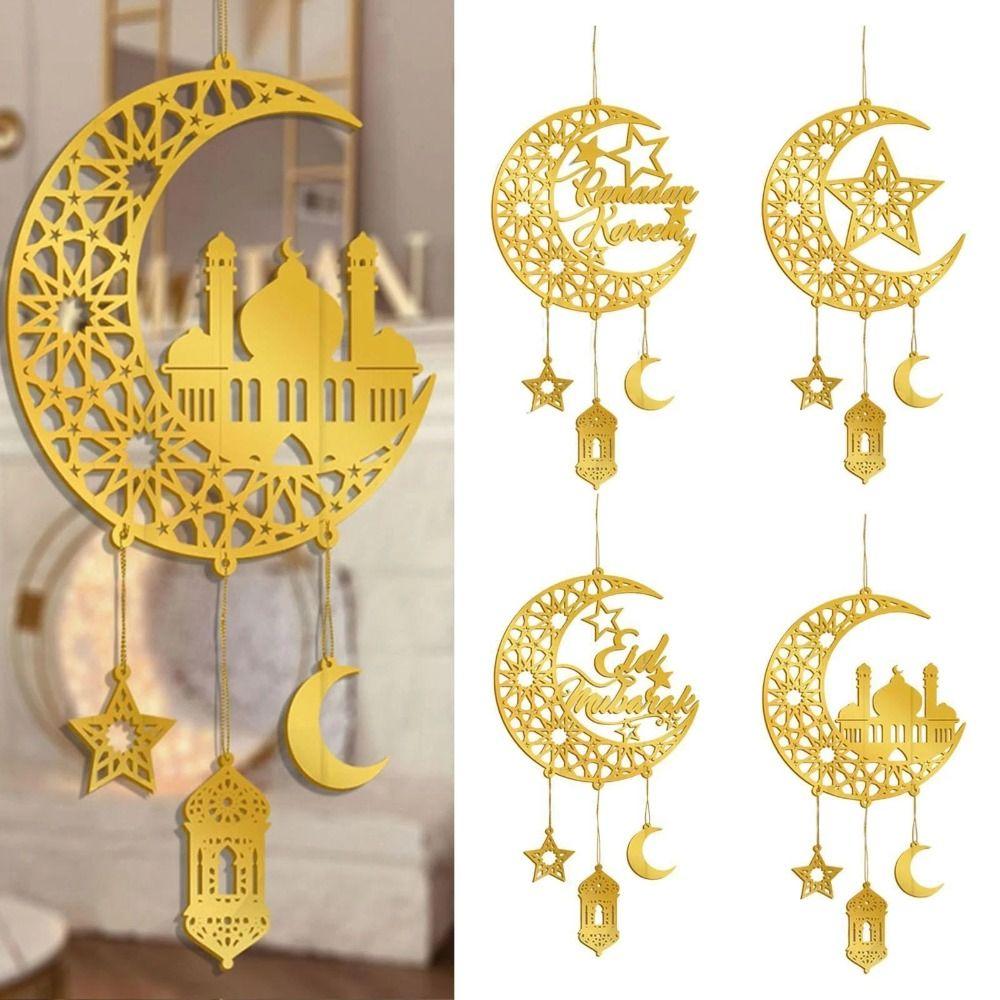 Acrylic Eid Mubarak Wall Pendant Mirror Hanging Decoration Ramadan Kareem Door Sign Golden Moon Star Drop Ornaments