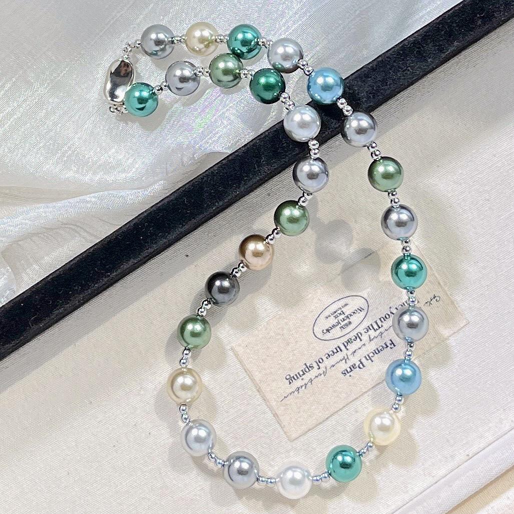 

10Mm Autumn And Winter Highlight Malachite Green Mixed Color Tahitian Artificial Crystal Pearl Necklace Collarbone Chain Sweater