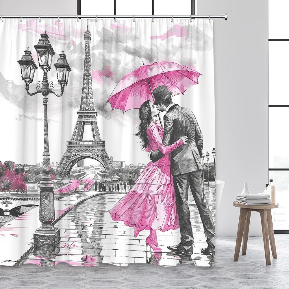 Vintage Paris Tower Shower Curtain Pink Floral Romantic Lovers City Street Scenery Modern Fashion Bathroom Curtains Fabric Decor