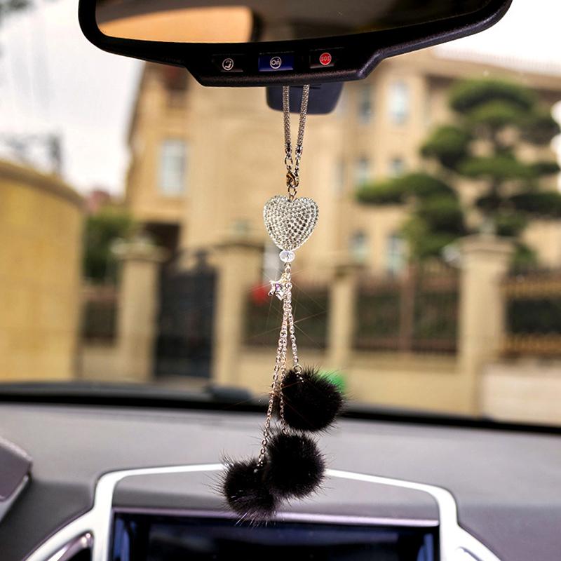Rhinestone Crystal Plush Pendant Auto Rearview Mirror Ornament Car Mirror Hanging Accessories Car Interior Decoration