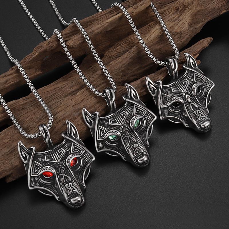Vintage Celtic Style Red Eyes Wolf Head Pendant Necklace For Men Women Hip Hop Punk Copper Color Box Neck Chain Jewelry Gifts