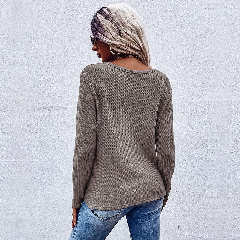 YYFS Women's Fashion Casual Solid Color Print Summer Spring Long Sleeve V-Neck Pullovers & Long Sleeves