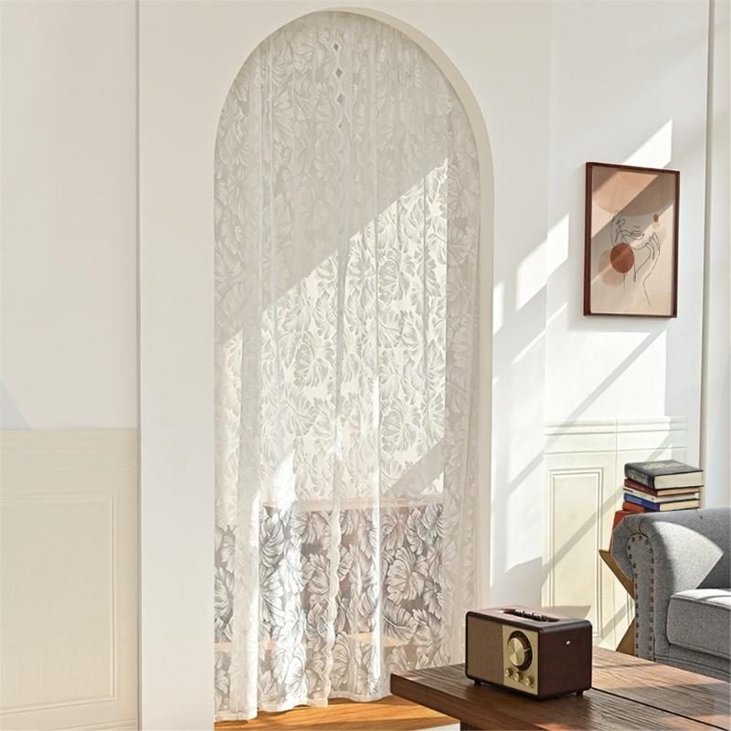 Leaf Embroidered White Sheer Curtains Rod Voile Drapes for Bedroom and Living Room for Privacy Protections Decors